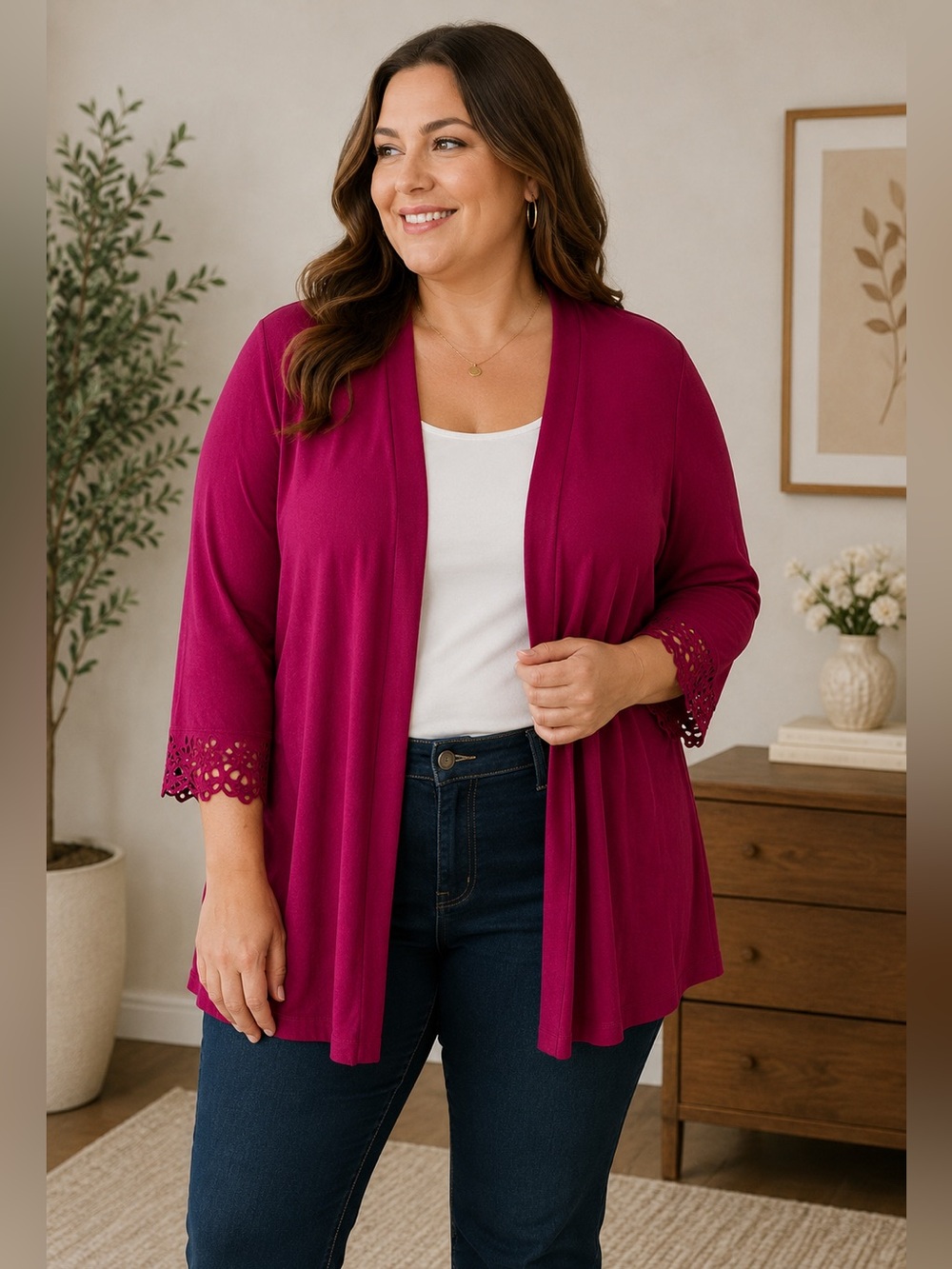 Citiknit Magenta Open-Front Lace Trim Cardigan Size XXL 2X Lightweight
